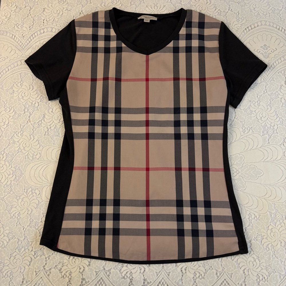 Burberry Black and Tan Plaid Short Sleeve Top